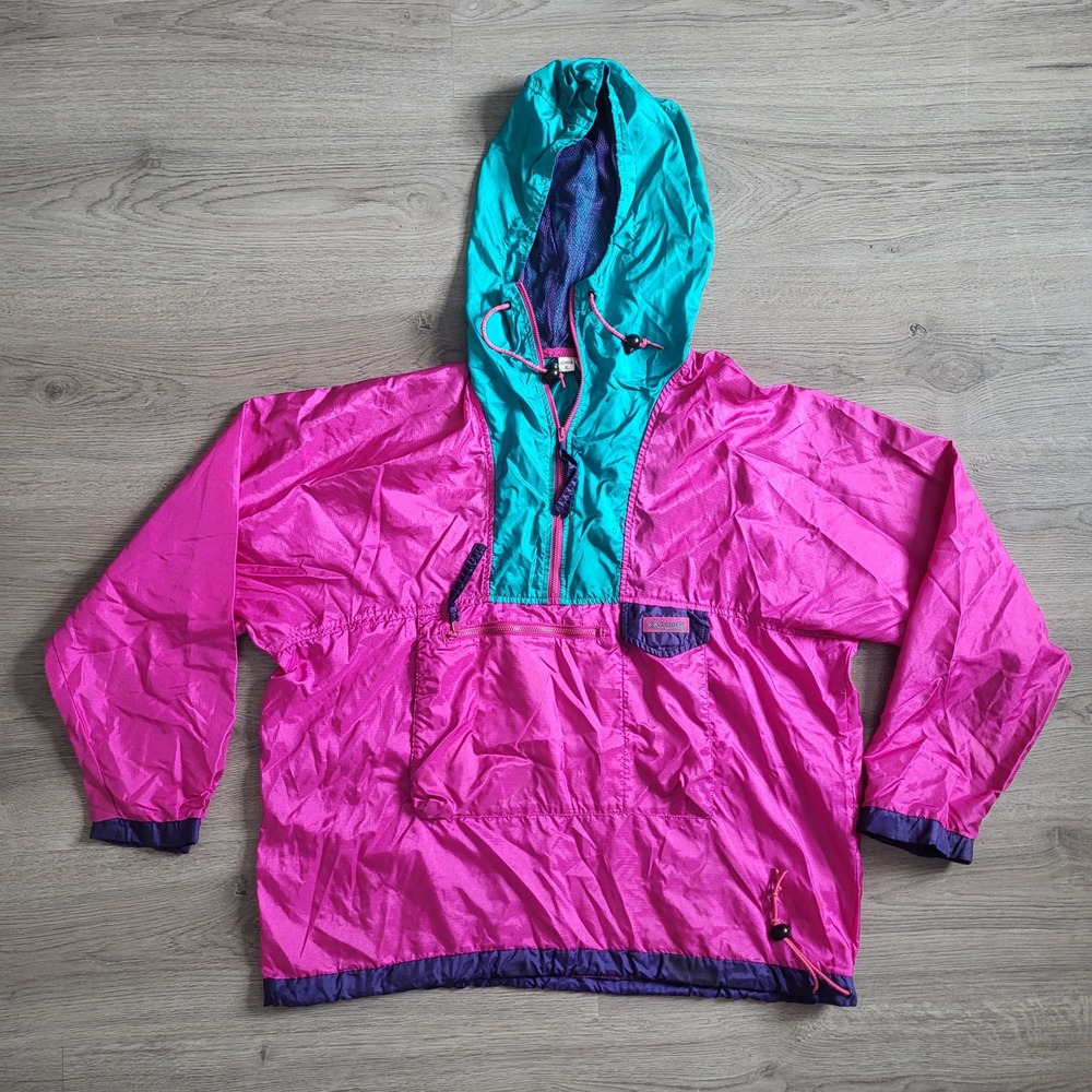 Columbia Vintage Women XL Pink Teal Windbreaker Pullover Jacket Anorak 80s Bold